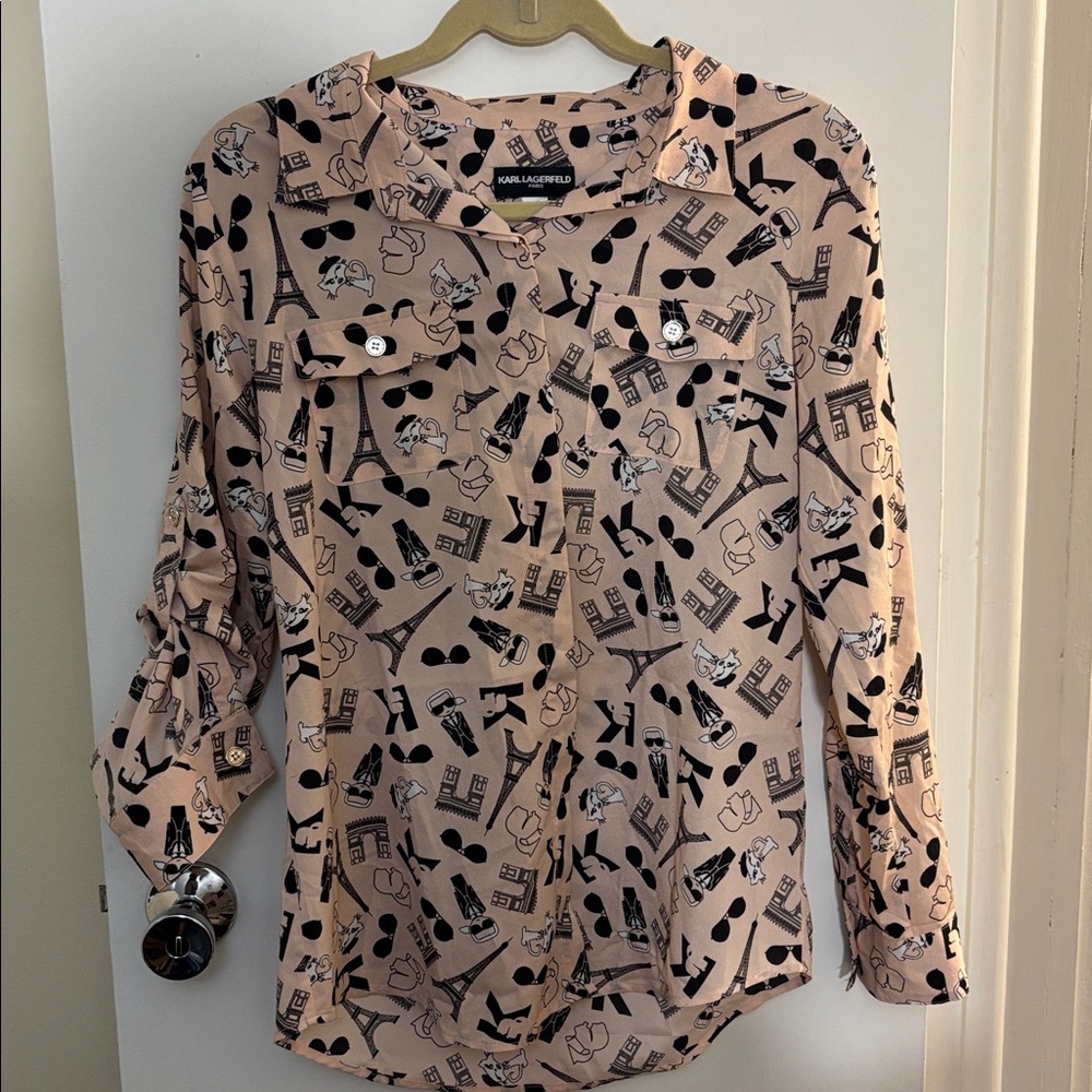 Karl Lagerfeld Paris Blouse Size Medium Pink Cats Artsy